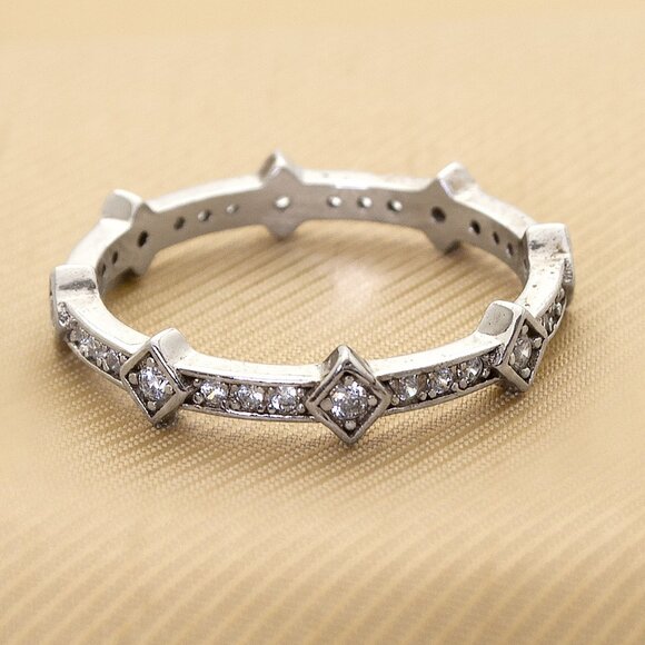 Vintage 925 Sterling Silver & CZ Stones Accent Geometric Band, Size 6.5 - Picture 5 of 8